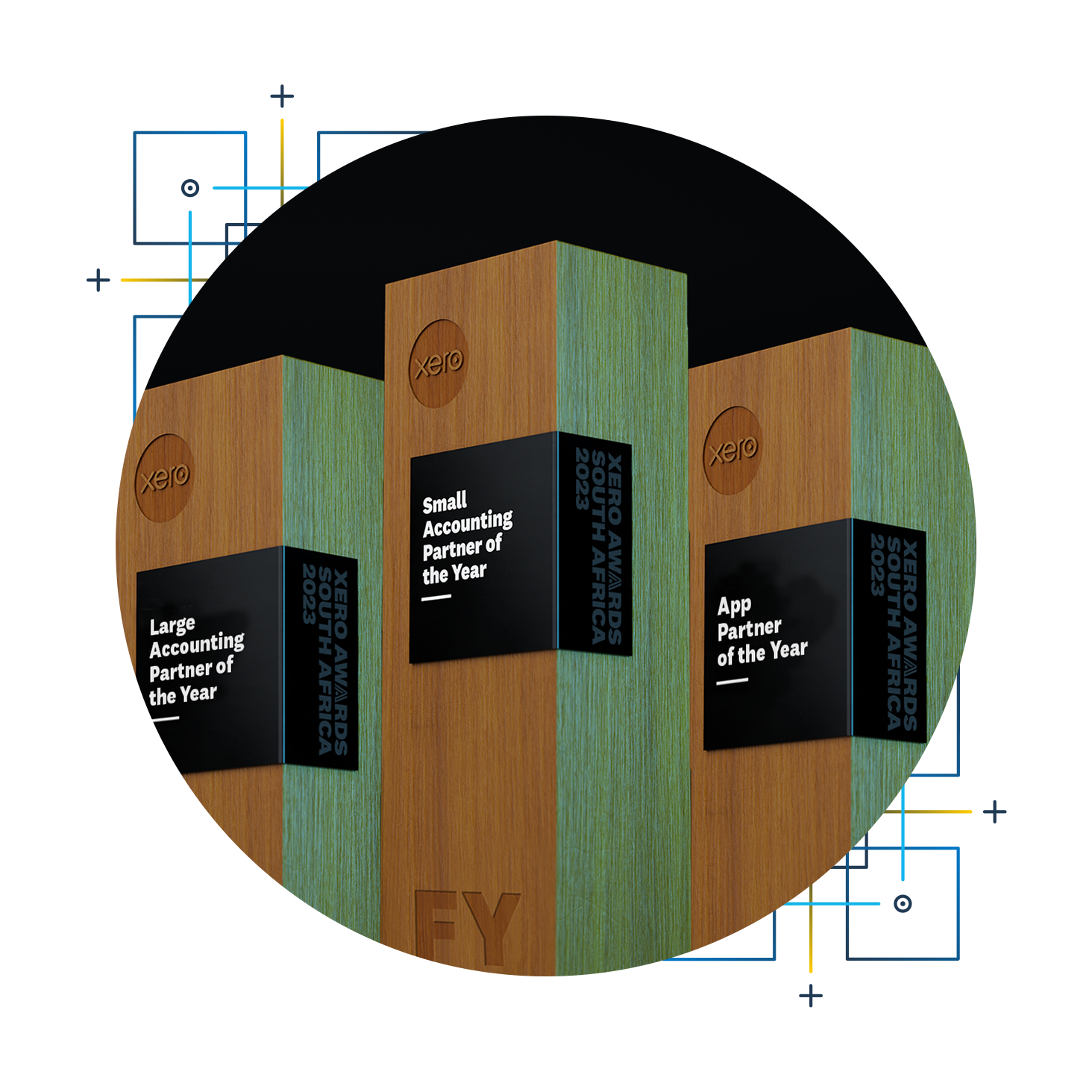 Engraved wooden trophies representing some of the Xero Awards categories.